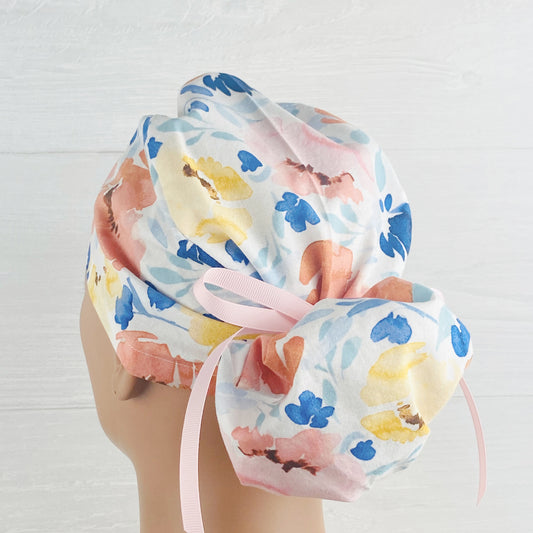 Coral and Navy Floral Ponytail Hat