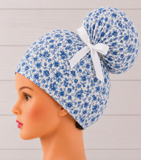 Cottage Floral Blue And Cream High Bun Scrub Cap - Chic2Surgery