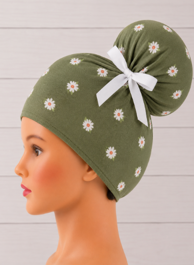 Daisies On Olive High Bun Scrub Cap - Chic2Surgery