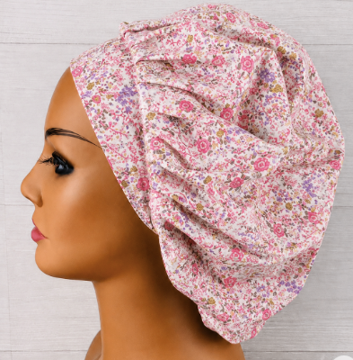 Dainty Pink and Purple Floral Bouffant Scrub Cap | Handmade Surgical Hat for Nurses