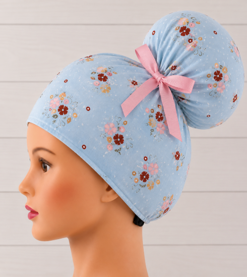 Dusty Blue Floral High Bun Scrub Cap - Chic2Surgery