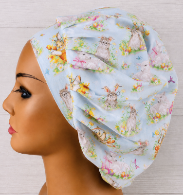 Easter Bunnies with Baskets Bouffant Scrub Cap | Handmade Surgical Hat for Nurses