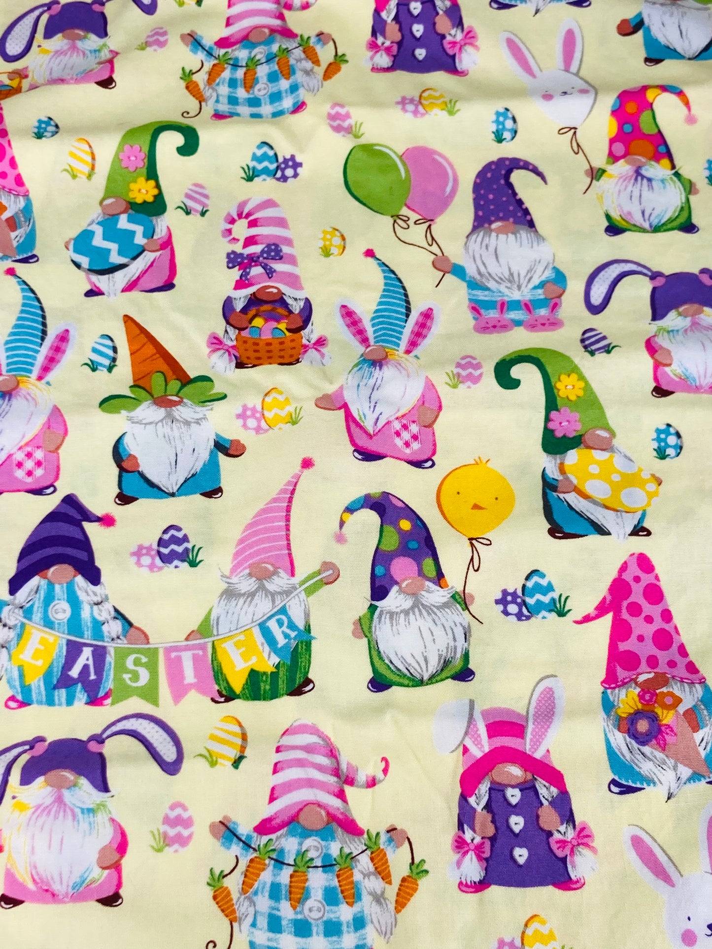 Easter Gnomes on Yellow Bouffant Scrub Cap | Handmade Surgical Hat for Nurses