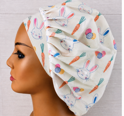 Easter Bunnies on White Bouffant Scrub Cap | Handmade Surgical Hat for Nurses