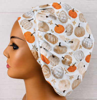 Plaid Pumpkins on White Fall Bouffant Scrub Cap | Handmade Surgical Hat for Nurses