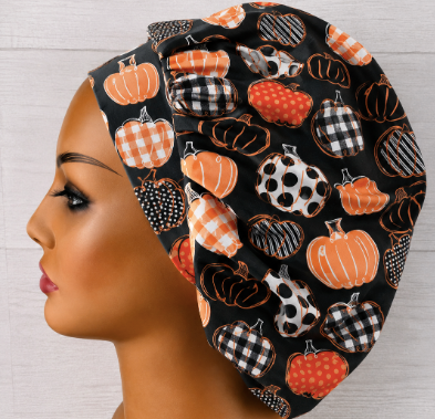 Plaid Pumpkins on Black Fall Bouffant Scrub Cap | Handmade Surgical Hat for Nurses