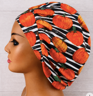 Pumpkins on Stripes Fall Bouffant Scrub Cap | Handmade Surgical Hat for Nurses