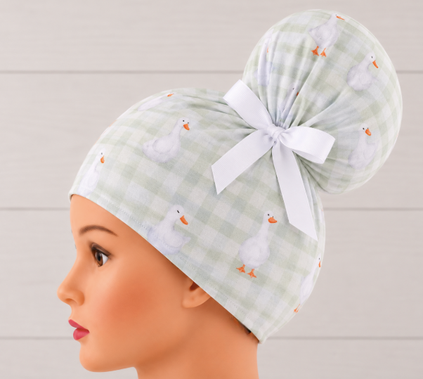 Geese On Green Gingham High Bun Scrub Cap - Chic2Surgery