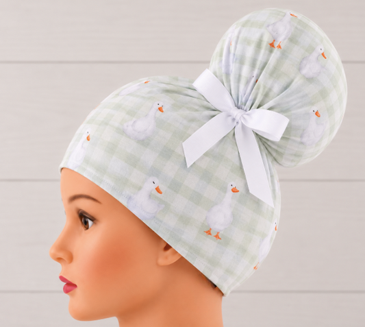 Geese On Green Gingham High Bun Scrub Cap - Chic2Surgery