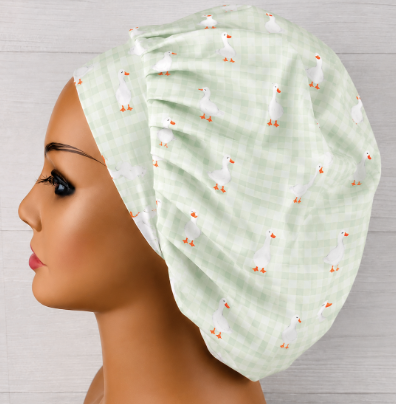 Goose on Green Gingham Bouffant Scrub Cap | Handmade Surgical Hat for Nurses
