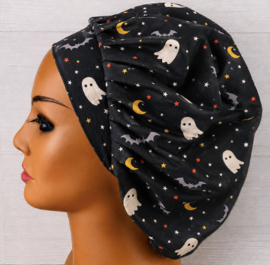 Halloween Ghosts on black Bouffant Scrub Cap | Handmade Surgical Hat for Nurses