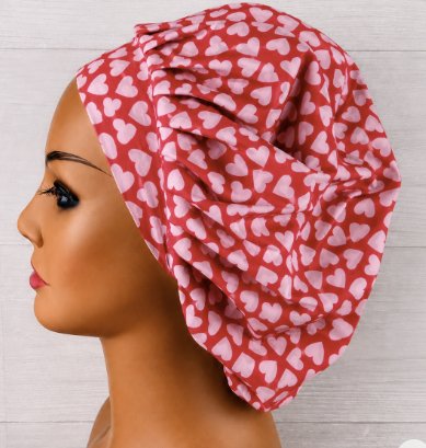 Valentine's Day Pink Hearts on Red Bouffant Scrub Cap | Handmade Surgical Hat for Nurses