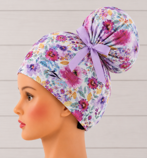 Pink And Purple Floral High Bun Scrub Cap - Chic2Surgery