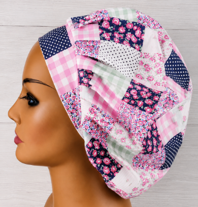 Purple Patchwork Quilted Bouffant Scrub Cap | Handmade Surgical Hat for Nurses