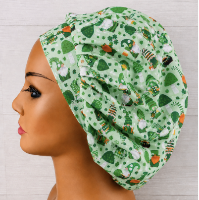 St. Patrick's Day Gnomes on Mint Bouffant Scrub Cap | Handmade Surgical Hat for Nurses