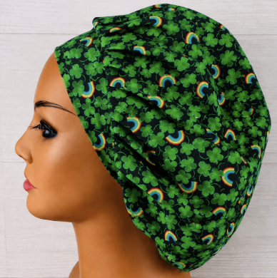 St. Patrick's Day Clovers and Rainbows Bouffant Scrub Cap | Handmade Surgical Hat for Nurses