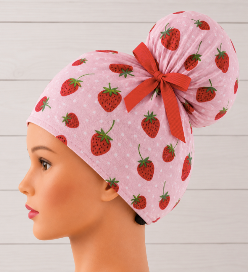 Strawberries On Pink High Bun Scrub Cap - Chic2Surgery