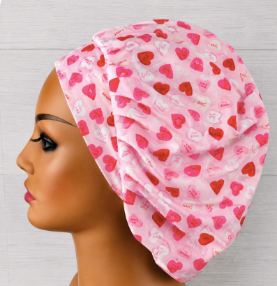 Valentine's Candy Hearts Bouffant Scrub Cap | Handmade Surgical Hat for Nurses