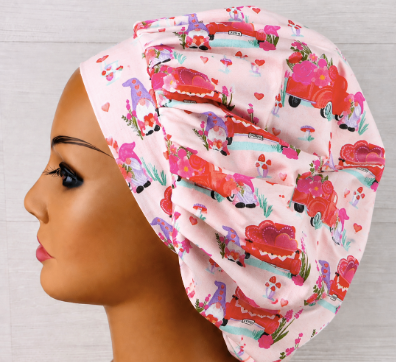 Valentine's Gnomes and Trucks Bouffant Scrub Cap | Handmade Surgical Hat for Nurses