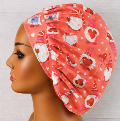 Valentine's Gnomes on Coral Bouffant Scrub Cap | Handmade Surgical Hat for Nurses