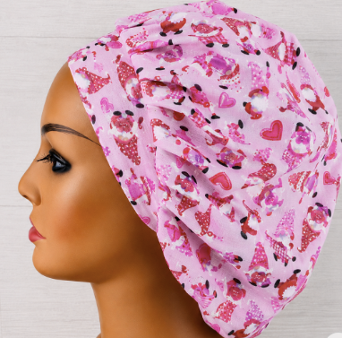 Valentine's Gnomes on Pink Bouffant Scrub Cap | Handmade Surgical Hat for Nurses