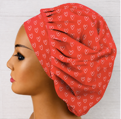 Valentine's Hearts on Red Bouffant Scrub Cap | Handmade Surgical Hat for Nurses