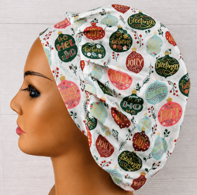 Vintage Christmas Ornaments Bouffant Scrub Cap | Handmade Surgical Hat for Nurses