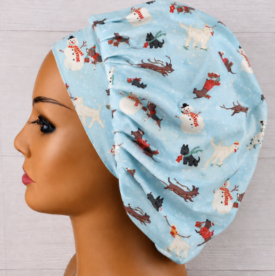 Dogs and Snowmen Bouffant Scrub Cap | Handmade Surgical Hat for Nurses
