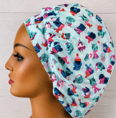 Winter Dogs on Blue Bouffant Scrub Cap | Handmade Surgical Hat for Nurses