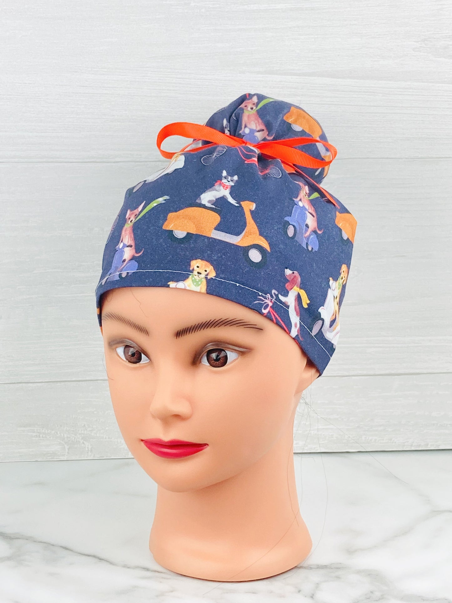 Dogs on Scooters Updo Scrub Cap