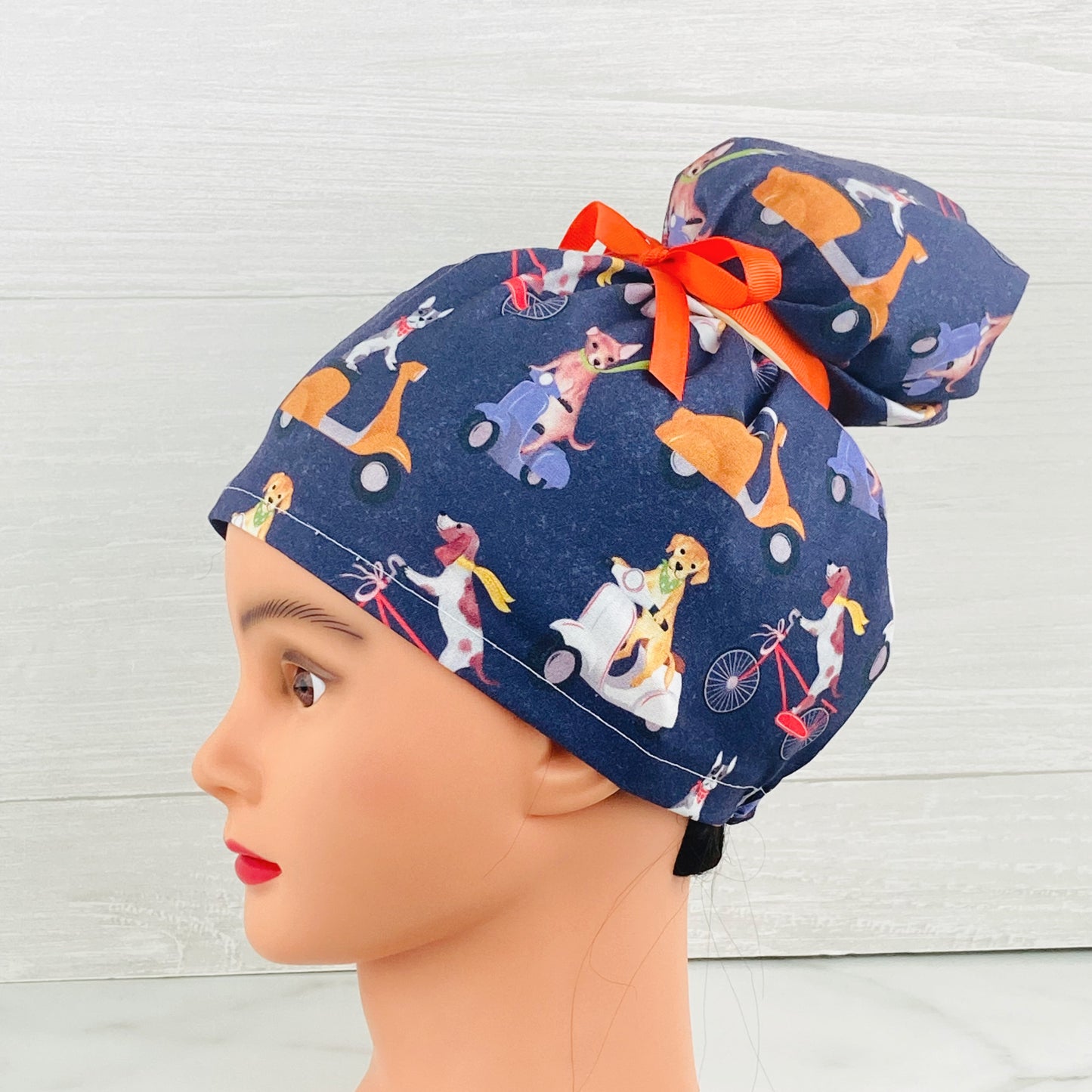 Dogs on Scooters Updo Scrub Cap