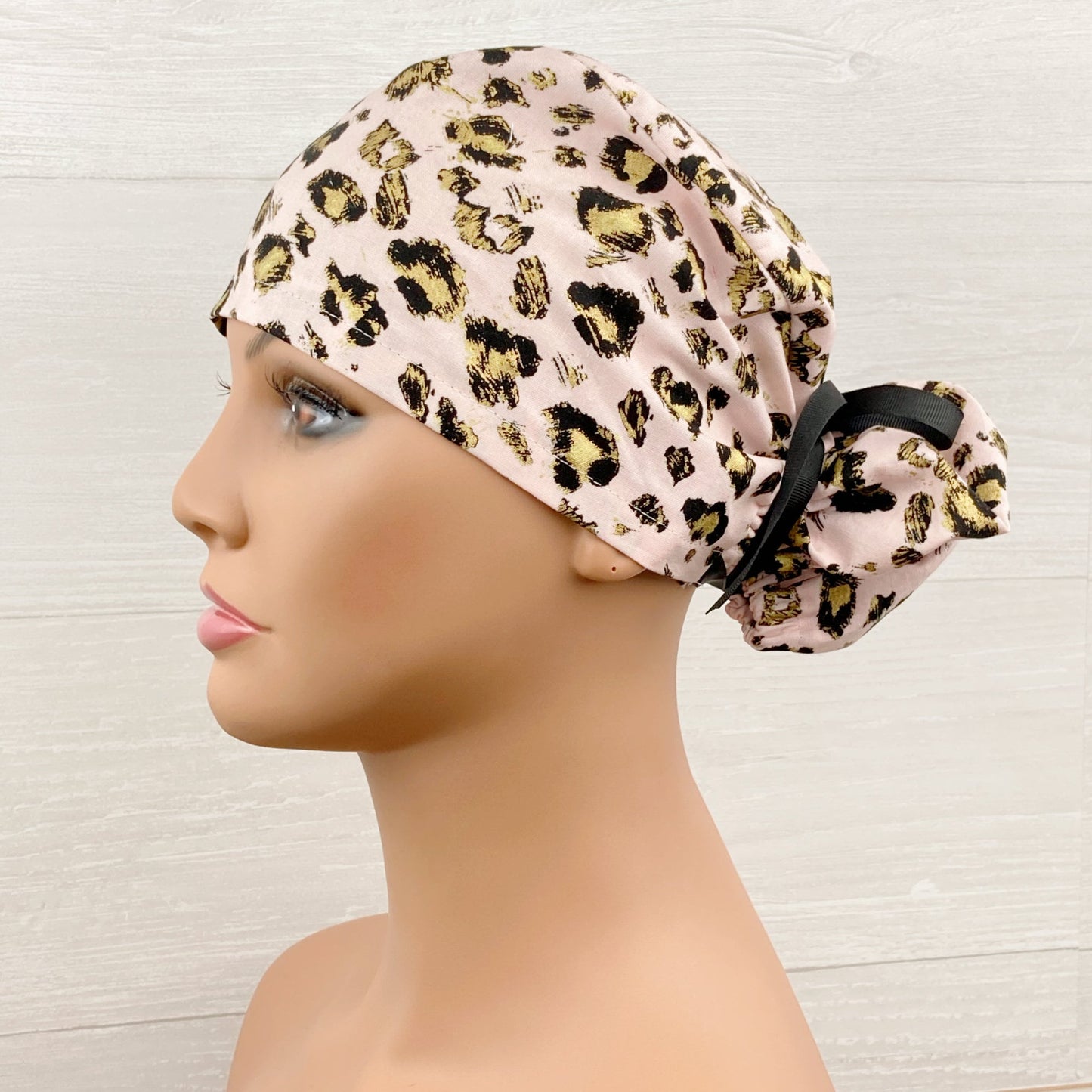 Gold Leopard on Light Pink Ponytail Scrub Hat