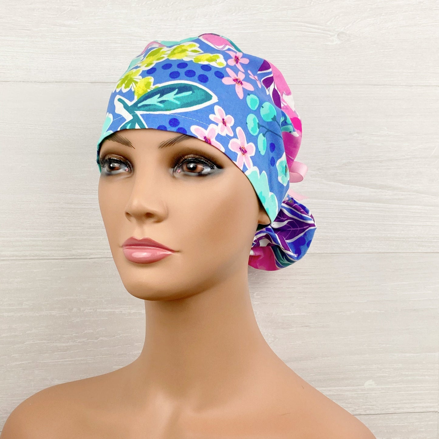 Pink and Blue Floral Ponytail Hat