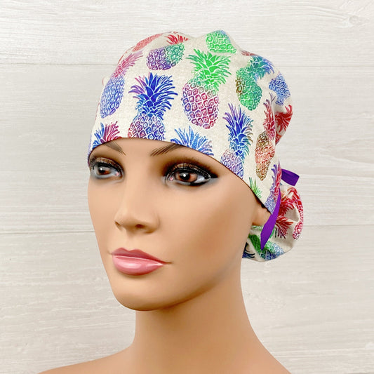 Colorful Pineapples Ponytail Scrub Hat