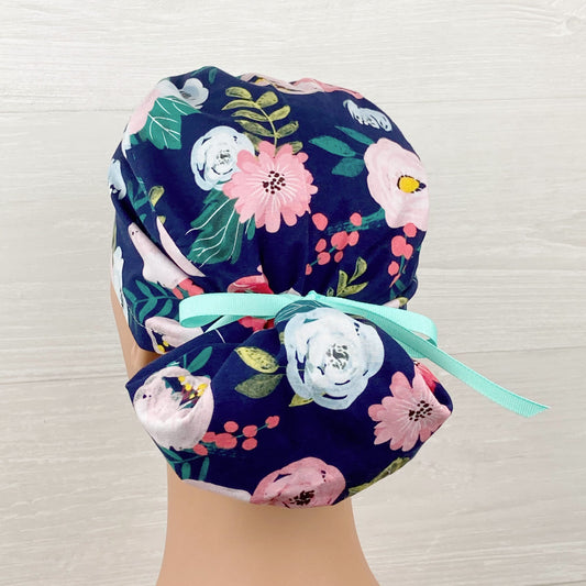 Navy Spring Floral Ponytail Hat