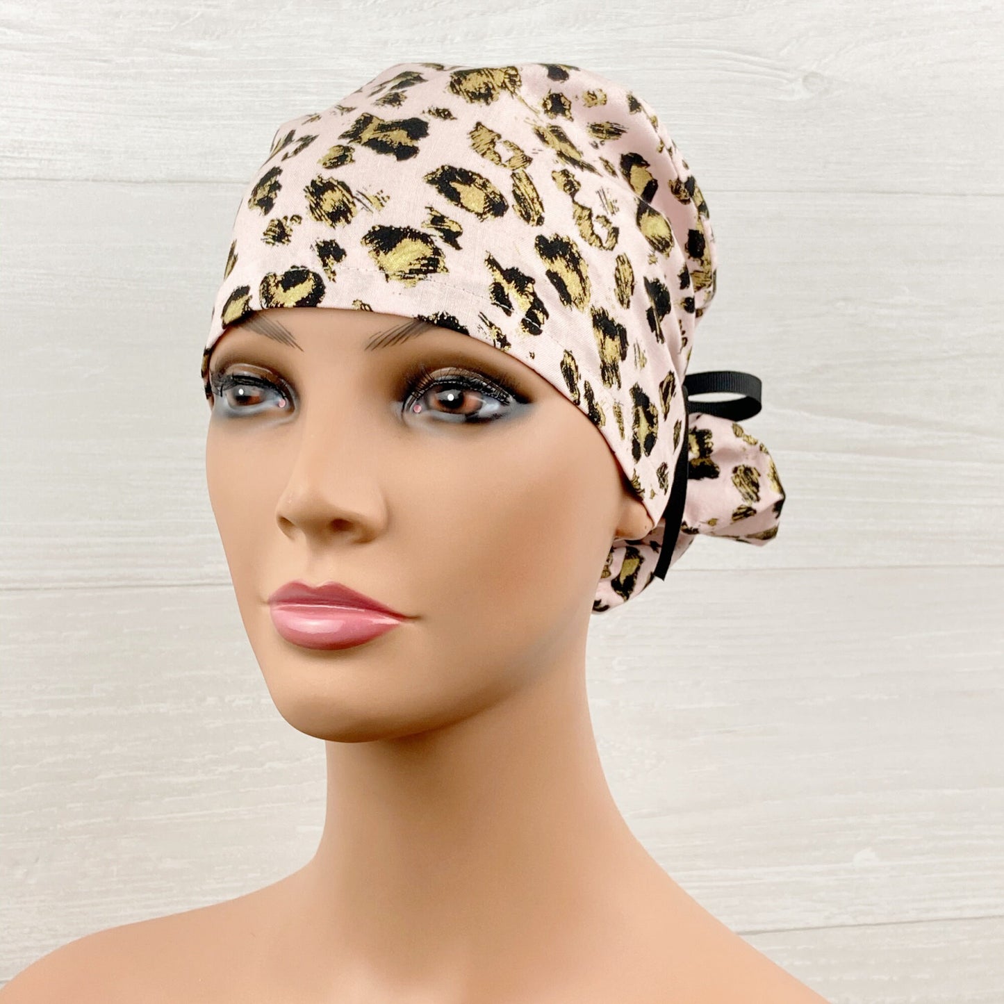 Gold Leopard on Light Pink Ponytail Scrub Hat