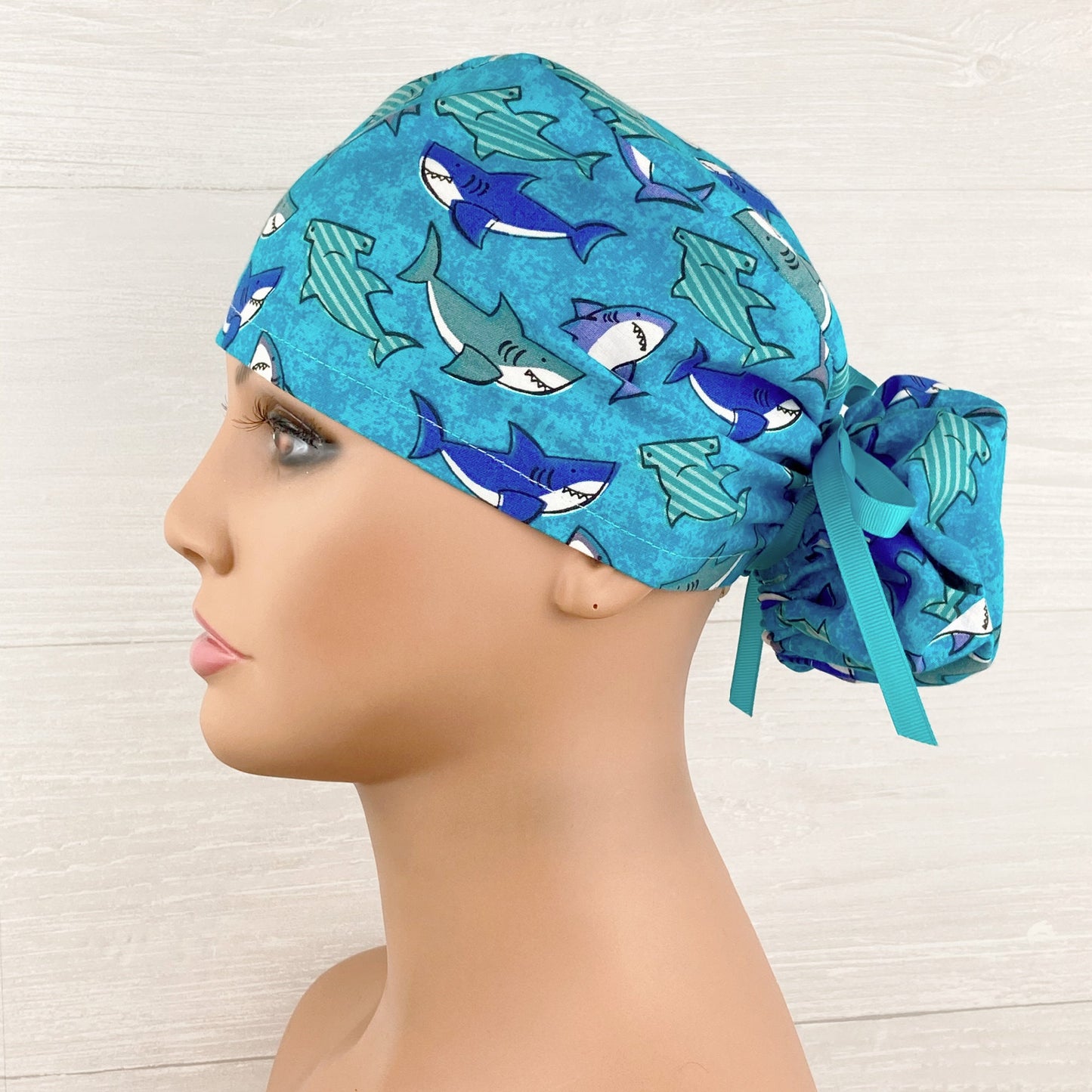 Sharks on Blue Ponytail Hat