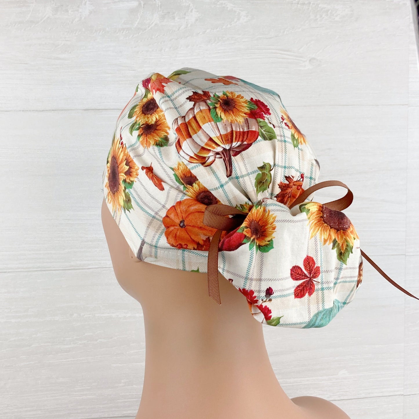 Pumpkin Floral Ponytail Scrub Hat