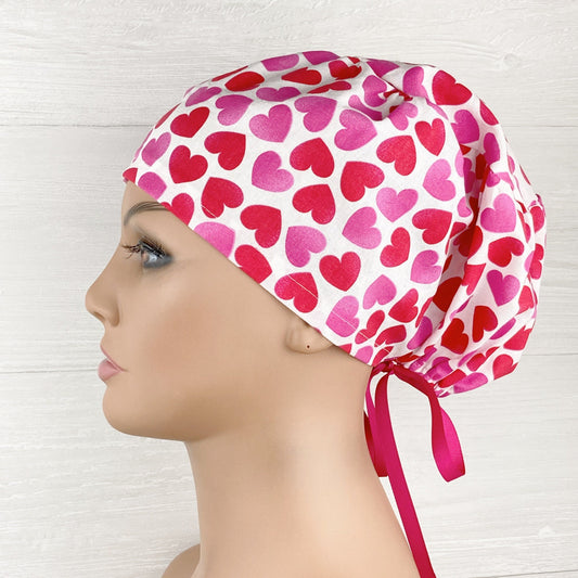 Red and Pink Hearts on White Women's Tieback Hat