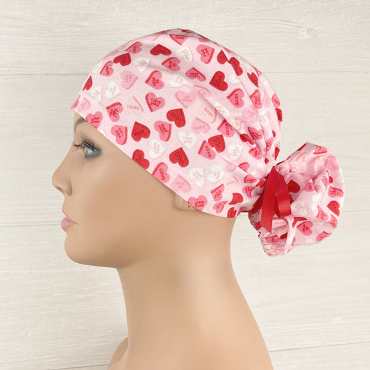 Candy Hearts on Pink Ponytail Scrub Hat