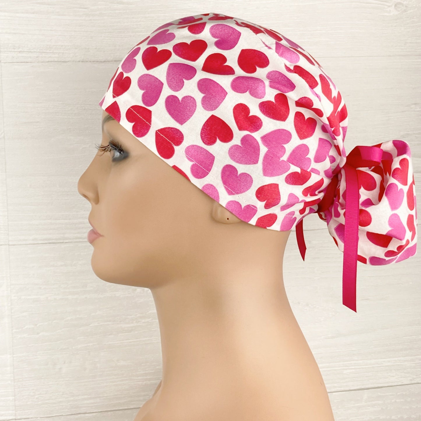 Red and Pink Hearts on White Ponytail Scrub Hat