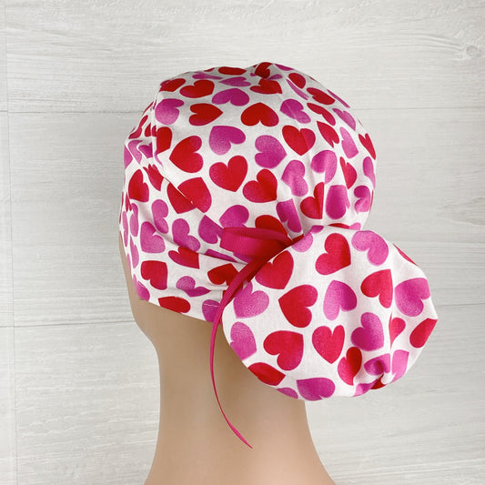 Red and Pink Hearts on White Ponytail Scrub Hat
