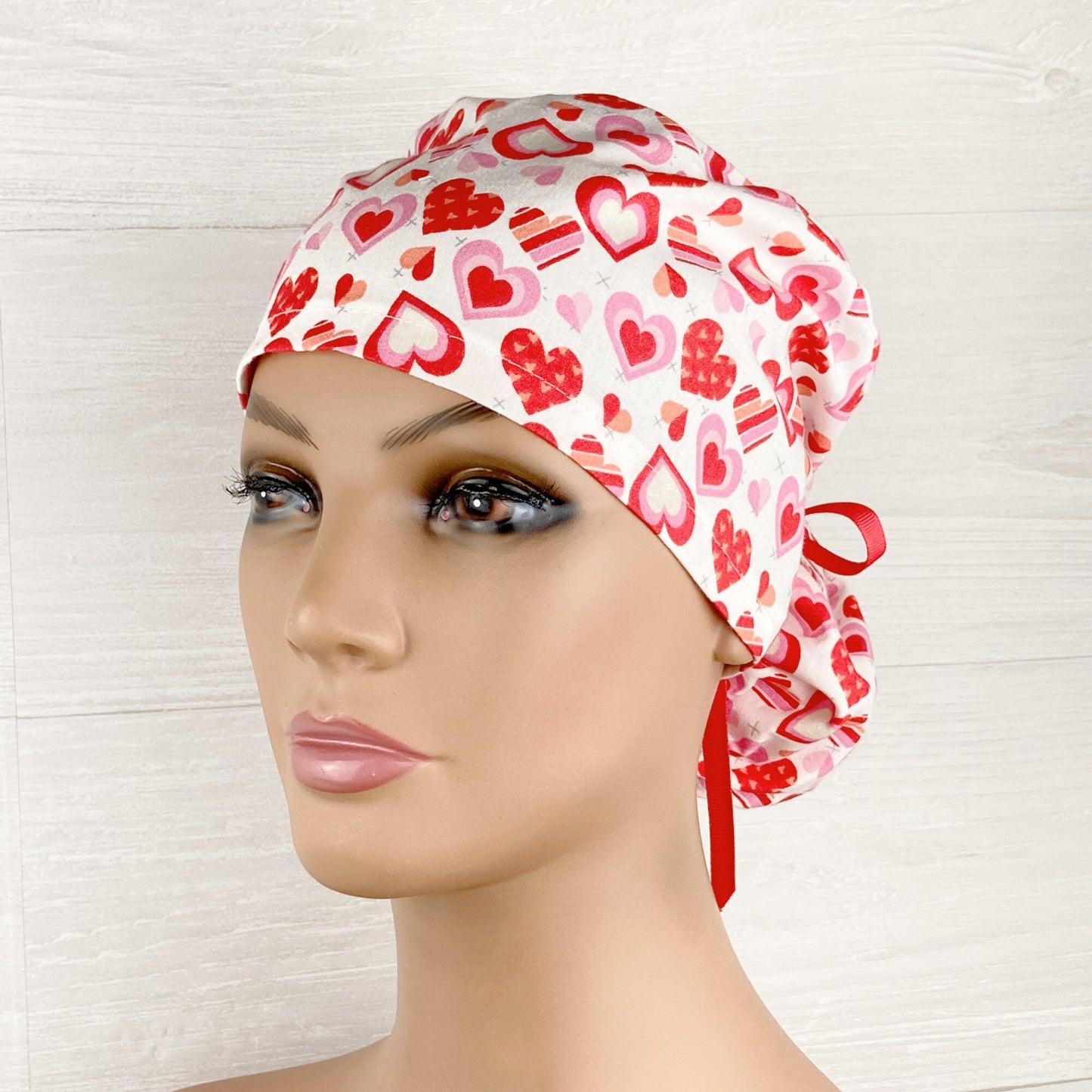 Hearts and Kisses on White Ponytail Scrub Hat