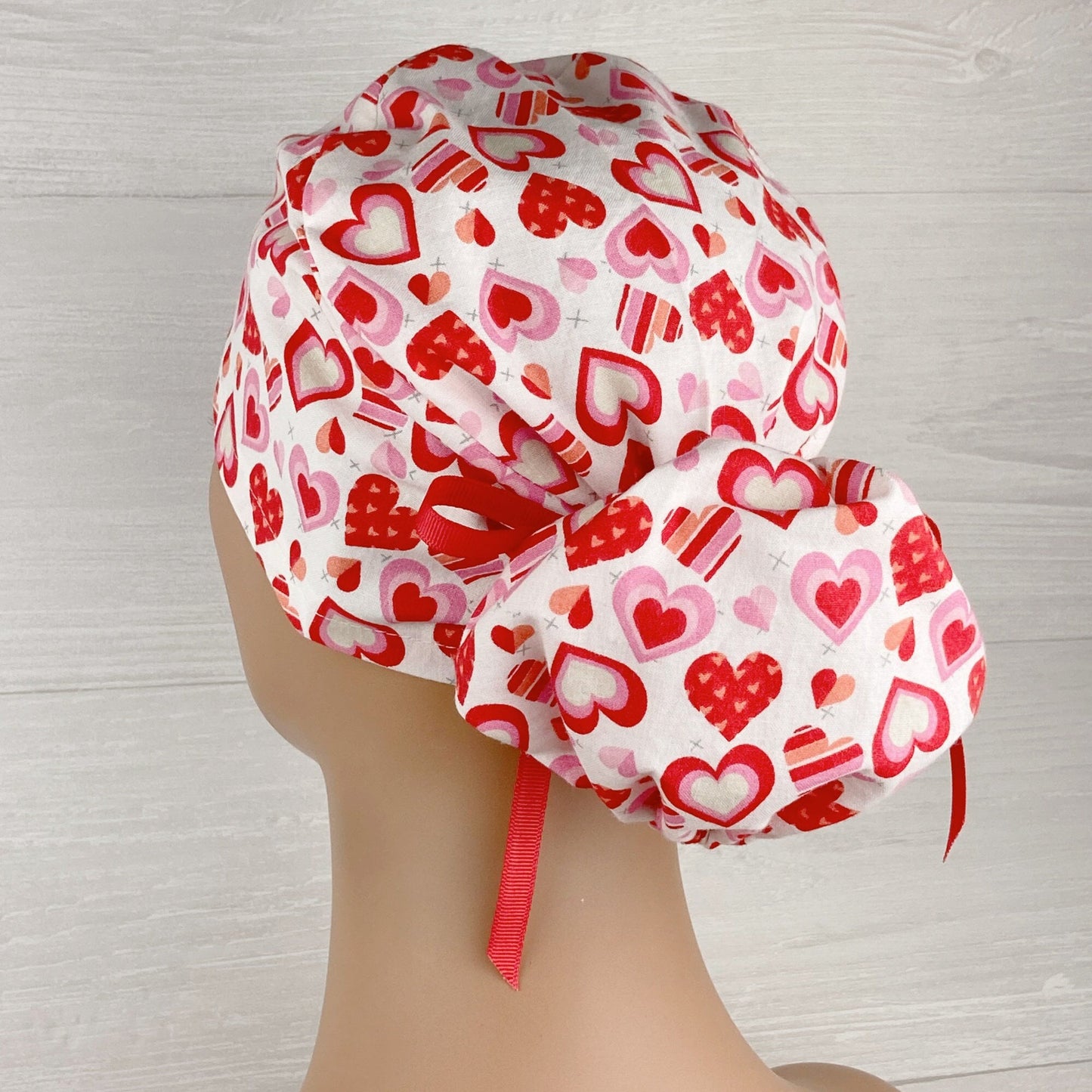 Hearts and Kisses on White Ponytail Scrub Hat