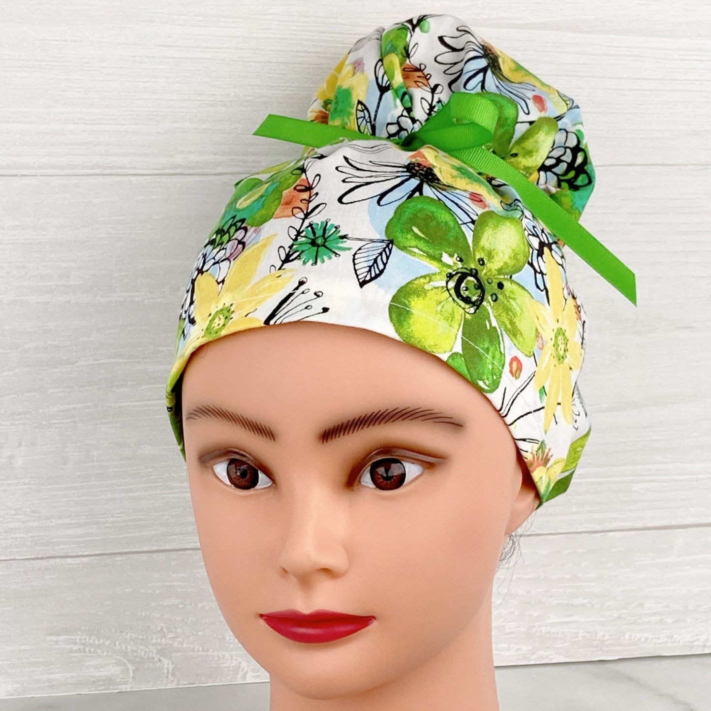 Lime and Yellow Floral Updo Scrub Cap
