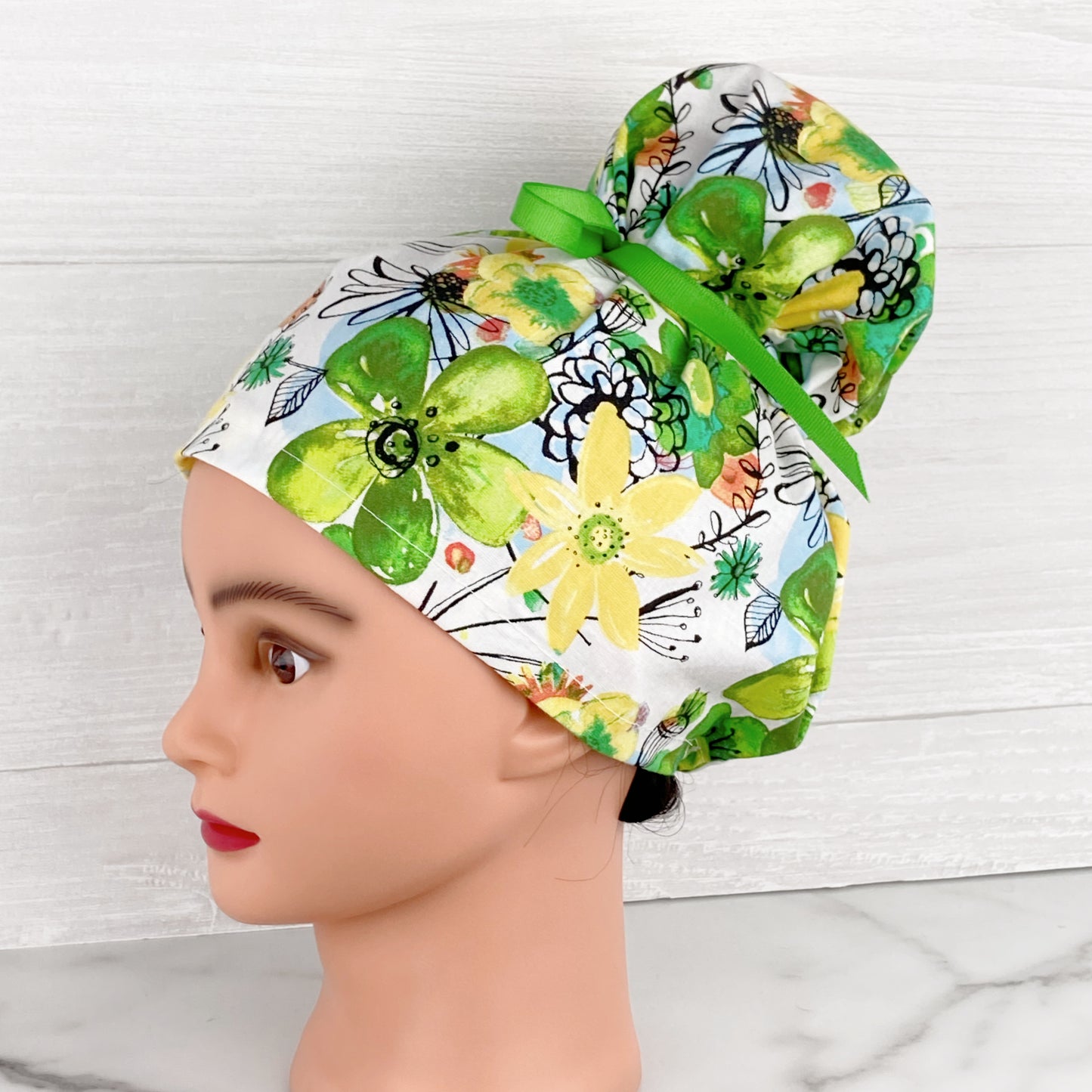 Lime and Yellow Floral Updo Scrub Cap