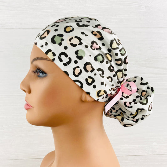 Pastel Leopard Ponytail Scrub Hat