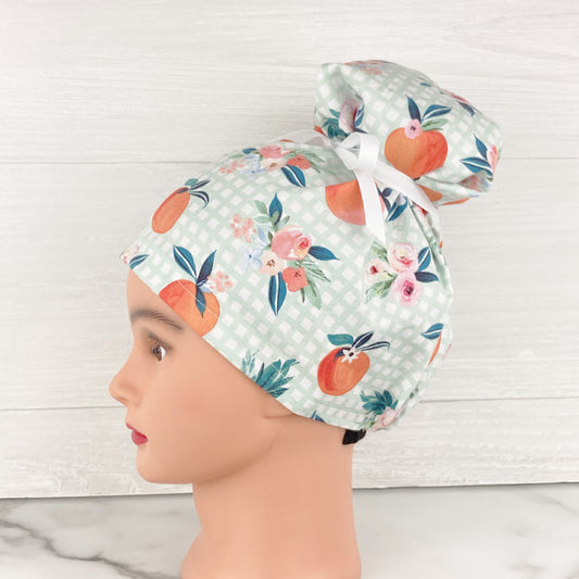 Gingham Oranges and Flowers Updo Scrub Cap - Chic2Surgery