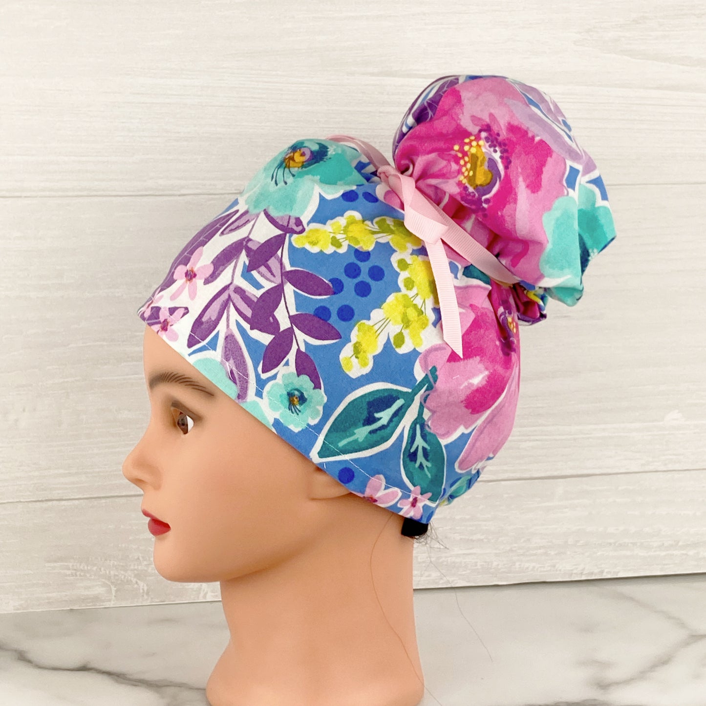 Pink and Blue Floral Updo Scrub Cap