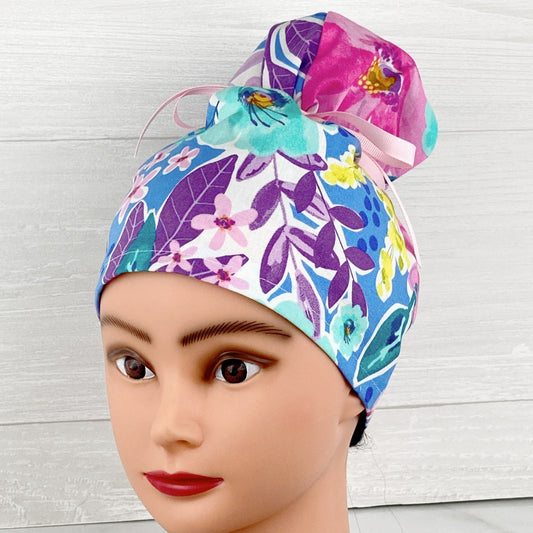 Pink and Blue Floral Updo Scrub Cap